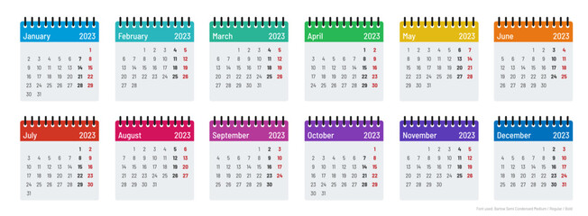 Calendar template 2023, Months, week starts on Monday, color outline