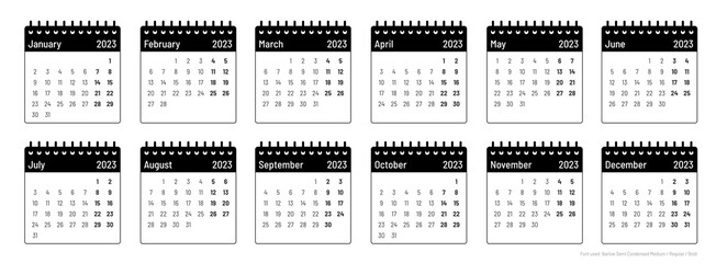 Black and white calendar template for year 2023, months, week starts on Monday, outline with black header