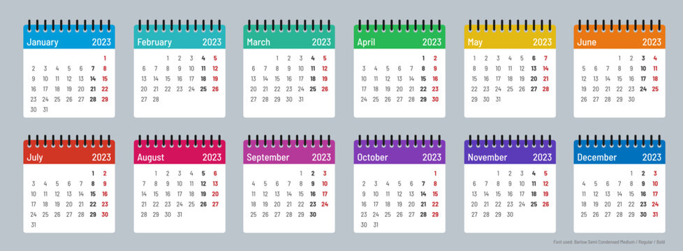 Colour, calendar template 2023, Months, week starts on Monday