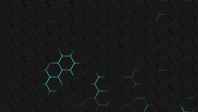 4k Abstract luxury black background with futuristic hexagon grid and line light effects. Trendy sci-fi technology background with hexagonal pattern