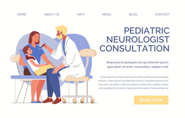 Healthcare concept. Young hipster doctor checks health of female child patient. On consultation with neurologist Planned medical examination, rehabilitation Vector, Web template, landing page, website