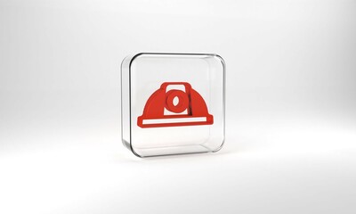 Red Worker safety helmet icon isolated on grey background. Glass square button. 3d illustration 3D render