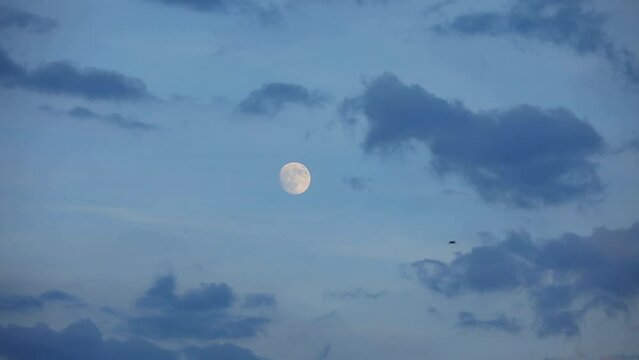wsch&oacute;d pełnia księżyca na tle niebieskiego nieba i ciemniejszych chmur, full moon