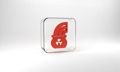 Red Pot of gold with magic rainbow icon isolated on grey background. Happy Saint Patricks day. National Irish holiday. Glass square button. 3d illustration 3D render