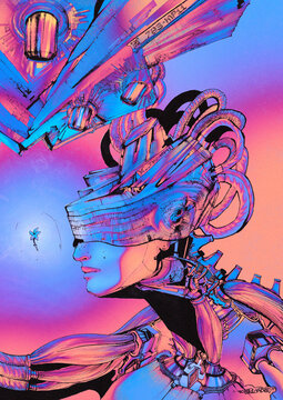 Beautiful sci-fi poster in traditional graphic style. JPEG. Futuristic android looking on the flower in gradient ambient.