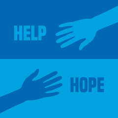 help and hope concept with human hands on blue background