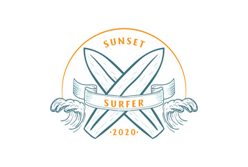 Vintage Retro Sunset Wave with Crossed Surfboard for Surf Sport Club Competition Logo Design Vector