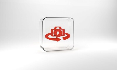 Red 360 degree view icon isolated on grey background. Virtual reality. Angle 360 degree camera. Panorama photo. Glass square button. 3d illustration 3D render