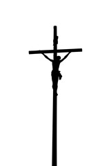 Silhouette of Jesus Christ on the cross isolated on white background.