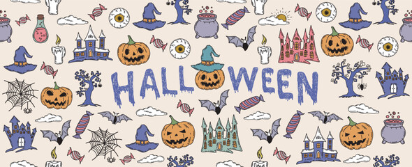 Obraz premium Halloween symbols hand drawn illustrations 