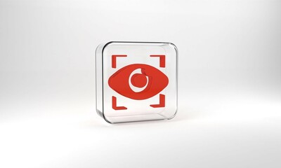 Red Big brother electronic eye icon isolated on grey background. Global surveillance technology, computer systems and networks security. Glass square button. 3d illustration 3D render