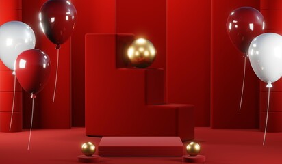 3D rendering of blank product background for cream cosmetics Modern red podium background