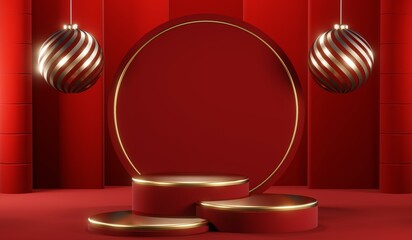 3D rendering of blank product background for cream cosmetics Modern red podium background