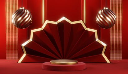 3D rendering of blank product background for cream cosmetics Modern red podium background