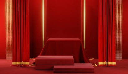 3D rendering of blank product background for cream cosmetics Modern red podium background