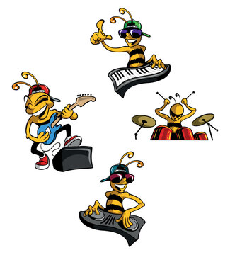 Set of cartoon style bees musicians characters. Vector guitarist, drummer, keyboardist and dj cartoon characters. Isolated on white background.