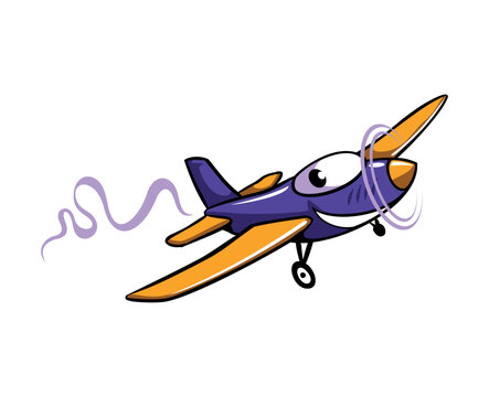 Cartoon style flying funny plane character. Airplane vector image. Isolated on white background.