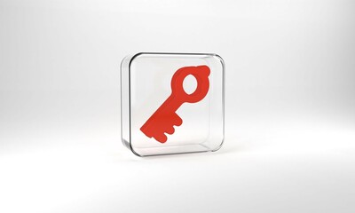 Red Old magic key icon isolated on grey background. Glass square button. 3d illustration 3D render