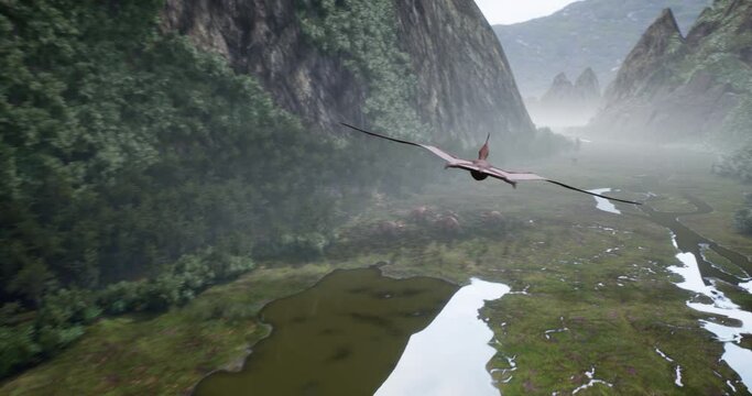 Groups of brachiosaurs, triceratops and a flock of pterosaurs moving through a canyon 3D rendering.