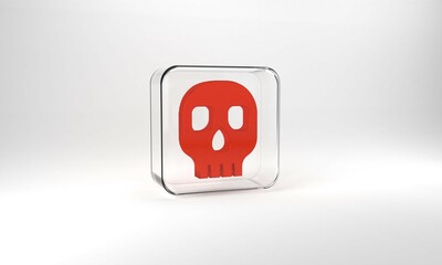 Red Skull icon isolated on grey background. Happy Halloween party. Glass square button. 3d illustration 3D render