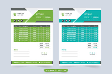 Company product buying and selling invoice bill template with green and blue colors. Professional invoice vector with abstract modern shapes. Print-ready office stationery and billing paper design.