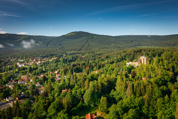 Beautiful scenery of the Szklarska Poreba town in Karkonosze mountains, Giant Mountains. Poland