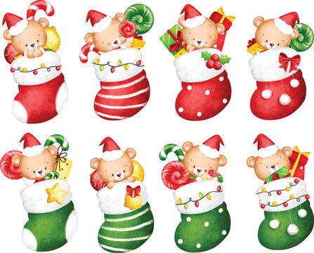 Watercolor Illustration set of Christmas socks with cute teddy bear candy and gift
