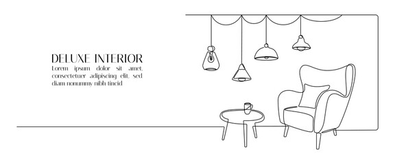 One continuous line drawing of armchair and hanging lamp. Modern loft furniture for living room interior in simple linear style. Editable stroke. Doodle Vector illustration