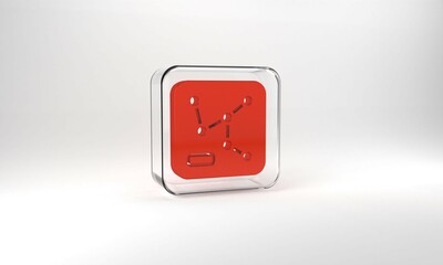 Red Railway map icon isolated on grey background. Glass square button. 3d illustration 3D render