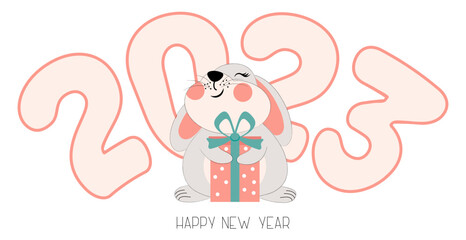 HAPPY NEW YEAR 2023. Chinese Rabbit New Year. The symbol of the New Year 2023. Vector illustration in the style of flat minimalism. The sign of the rabbit horoscope. Greeting card, banner, invitation.