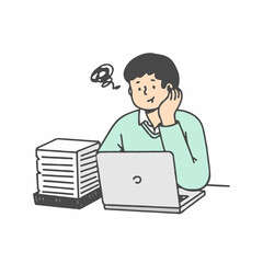Stressed worker. Burnout cartoon character worried about deadline. Hard work in office, isolated busy unhappy man and stacks of paper on desk. Vector flat illustration.