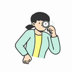 Young woman with magnifying glass. Search engine concept. Hand drawn style, vector illustration.