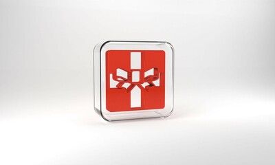 Obraz premium Red Gift box icon isolated on grey background. Merry Christmas and Happy New Year. Glass square button. 3d illustration 3D render