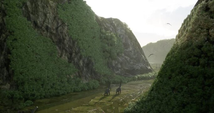 Groups of brachiosaurs, triceratops and a flock of pterosaurs moving through a canyon 3D rendering.