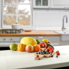 Desk of free space and fresh fruits 