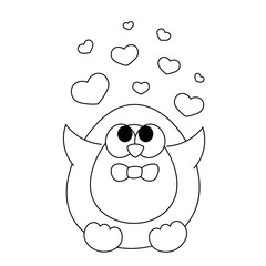 Cute cartoon Penguin and hearts. Draw illustration in black and white