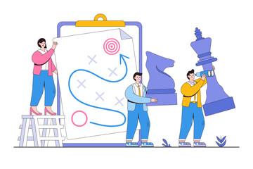 Strategy to win competition, teamwork looking plan idea to reach goal, achieve business victory concepts. Businesspeople team planning move and tactic on clipboard with chess knight and king pieces