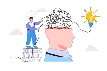 Solving complexity problem, overcome difficulty, searching business solutions, intellectual clutter concepts. Frustrated businessman trying to solve tangled rope in head and finding lightbulb idea