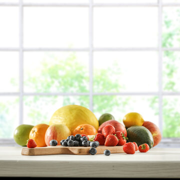 Desk of free space and fresh fruits 