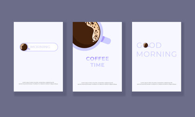 Coffee themed vector layout covers set design templates for brochure, magazine, flyer, banner or poster. Good morning and coffee time concept with a cup of coffee in the form of an alarm clock