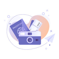 Fototapeta premium Violet vintage instant photo camera with passport id and airplane ticket or boarding pass in flat style on gradient background. Travel, airplane booking, planning a vacation and tourism concept.