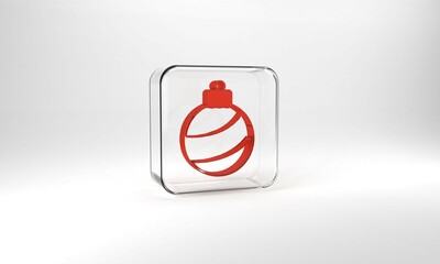 Red Christmas ball icon isolated on grey background. Merry Christmas and Happy New Year. Glass square button. 3d illustration 3D render