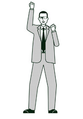 ガッツポーズをする男性ビジネスマンのイラスト　8等身　線画モノクロ
