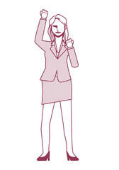 ガッツポーズをする女性ビジネスマンのイラスト　8等身　線画モノクロ