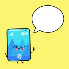 Cute funny smartphone with speech bubble. Vector hand drawn cartoon kawaii character illustration icon. Isolated on yellow background. Smartphone character concept