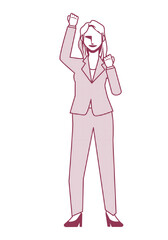 Fototapeta premium ガッツポーズをする女性ビジネスマンのイラスト 8等身 線画モノクロ