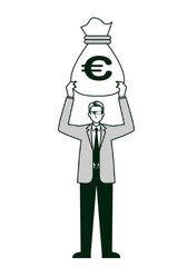 ユーロの金袋を持つ男性ビジネスマンのイラスト8等身　金融イメージ　線画モノクロ