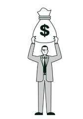 ドルの金袋を持つ男性ビジネスマンのイラスト8等身　金融イメージ　線画モノクロ