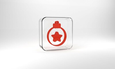 Red Christmas ball icon isolated on grey background. Merry Christmas and Happy New Year. Glass square button. 3d illustration 3D render