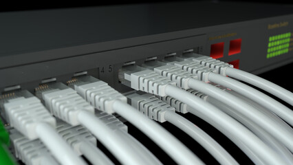 3d rendering of a network switch and ethernet cables